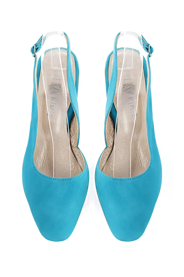 Dress slingback heels in turquoise blue leather with high slim heels and round toe - Top view